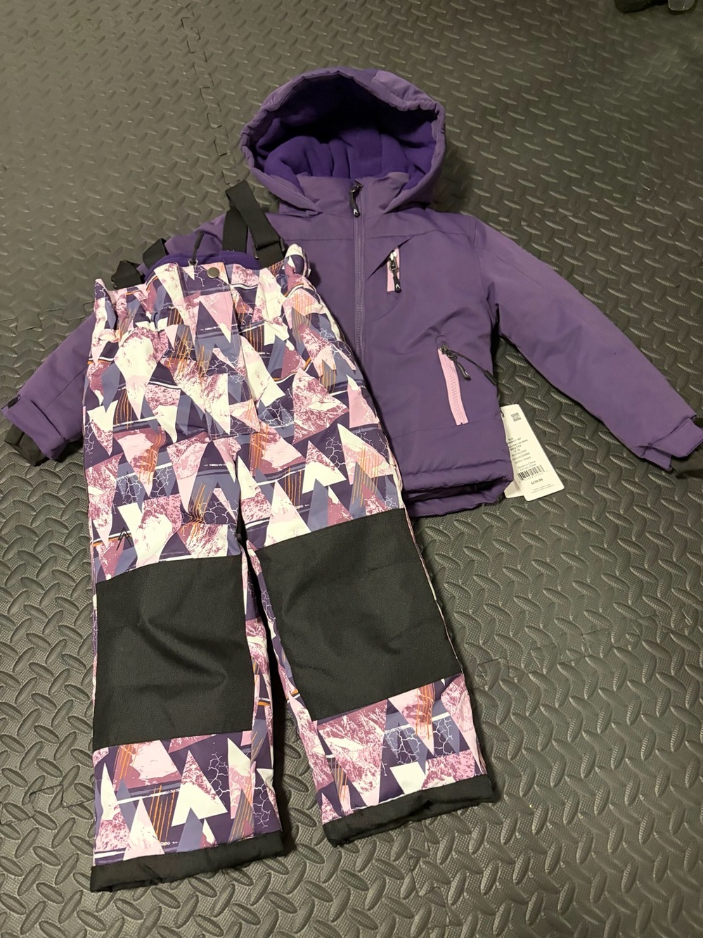 Kids Purple Winter Snow Jacket and Patterned Bib Snow Pants Set